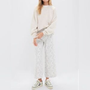 Lace-Overlay Wide Leg Pants in Cream